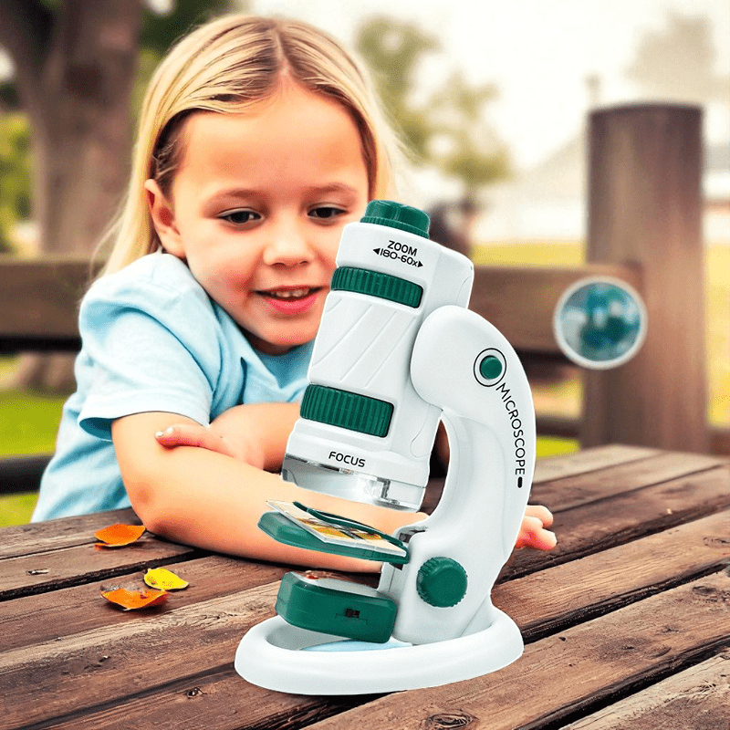 Microscope Portable Enfant 60-180X Avec 12 Lames - Zoom Continu, LED Bidirectionnelle - Pour école, Rando, Camping